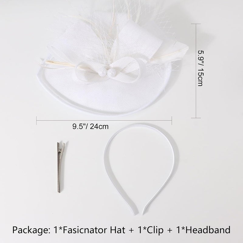 DRESHOW قبعة فاسيناتور مزينة بالريش مع رباط رأس للنساء، قبعات حفلات الشاي مع مشبك وزهرة لرأس الفتيات والنساء - Image 3